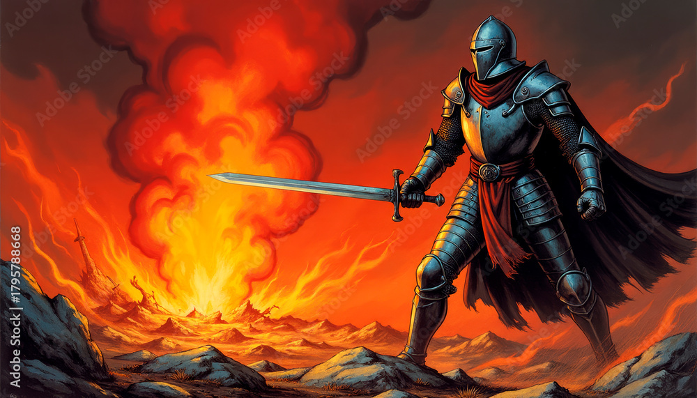 Fototapeta premium Great medieval knight in armor and with a sword in the fire of battle