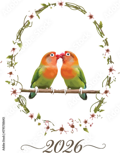 Two lovebirds perched on a branch surrounded by a floral wreath for the year 2026