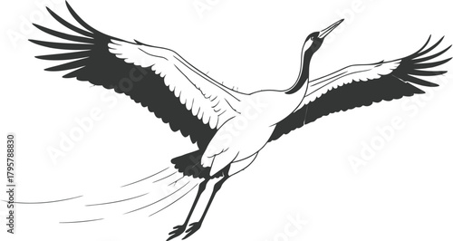 Graceful crane soars against a radiant sunburst in elegant vector illustration