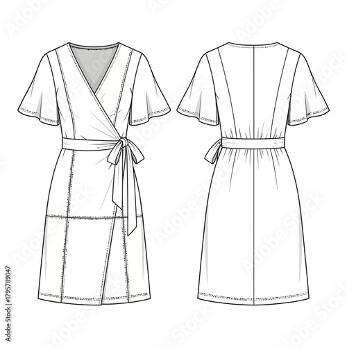 Fashion flat sketch of a wrap dress with flutter sleeves and a tie waist, shown from front and back views on a plain background for design and apparel illustration