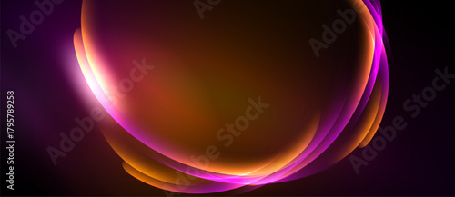 Abstract design features flowing curves, vibrant orange, purple hues. Smooth gradients create luminous effect against dark background.