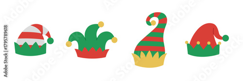 Set of funny elf hats in red and green colors. Fairytale headwear collection. Festive head accessories for Christmas and new year. Vector flat illustration isolated on white background