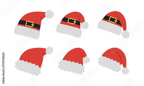Set of red Christmas Santa Claus hats with fur, pompom and buckle. Festive headwear collection. Xmas party head accessories. Vector flat illustration isolated on white background