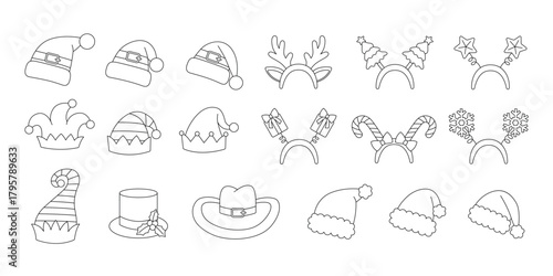 Christmas headwear coloring page. Outline set with santa hats, elf hats, headbands with reindeer antlers, christmas trees, stars, snowflakes and other decorations. Contour xmas party head accessories