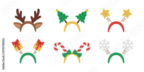 Set of Christmas headbands with reindeer antlers, trees, stars, gifts, candy canes and snowflakes. Festive headwear collection. Funny xmas head accessories. Vector flat illustration isolated on white