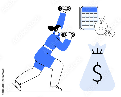 Woman lifting dumbbells next to calculator and money bag with apple and broccoli. Ideal for fitness planning, financial health, lifestyle management, budgeting, wellness, investment strategy