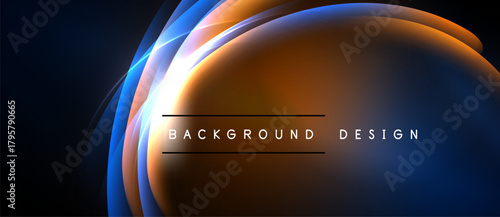 Abstract design features vibrant orange, blue layers. Smooth curves create dynamic visual effect. Dark background emphasizes luminosity.