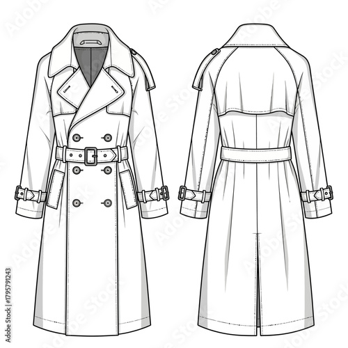 Front and back view of a classic doublebreasted trench coat with a belt, epaulets, and buckle details