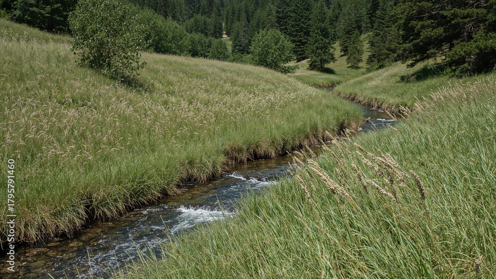 Obraz premium A small stream flowing through a lush, green grassy landscape with trees in the background.