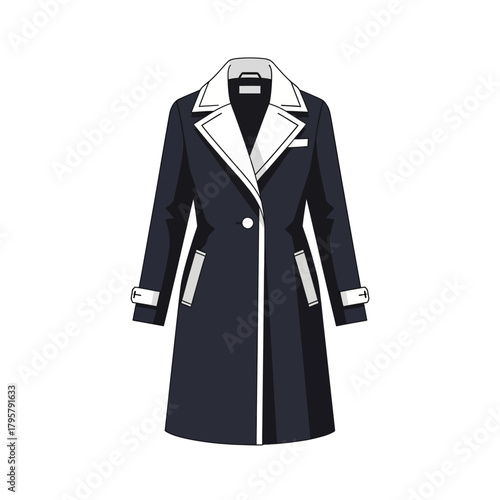 A sophisticated dark navy trench coat with a contrasting white collar and lapels, featuring a single button closure and buckle details on the cuffs