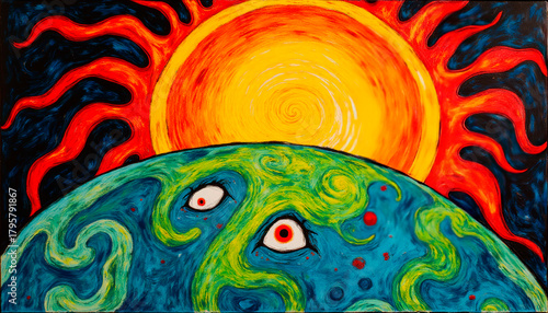 Excited sun looking at earth shocked, very surprised and worried