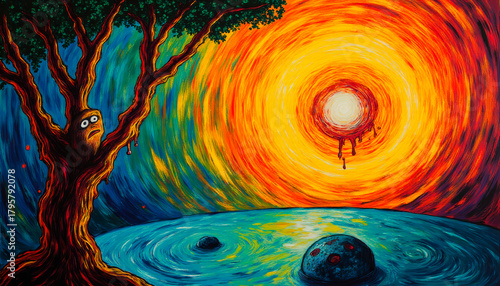 Excited sun looking at earth shocked, very surprised and worried