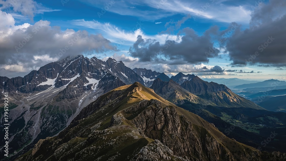Fototapeta premium Mountain landscape with rugged peaks, clouds, and blue sky, showcasing natural beauty and geological features.