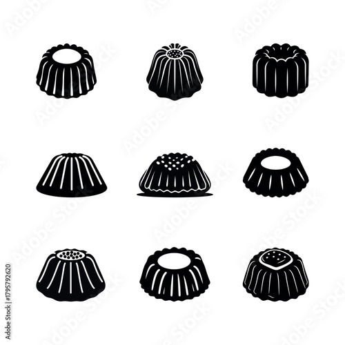 Minimalist vector icon set of nine assorted black silhouette molded pudding, flan, or gelatin desserts
