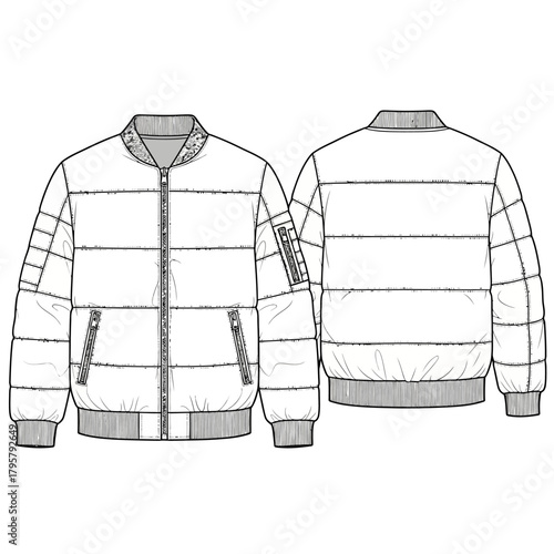 Front and back view of a white puffer bomber jacket with ribbed cuffs and collar, featuring zippered pockets and a sleeve pocket