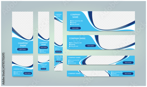 Abstract banner design web template Set, Horizontal header web banner. Modern Gradient Blue cover header background for website design, Social Media Cover ads banner, flyer, invitation card