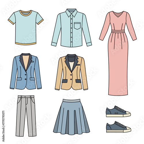 Flat icon illustrations of womens clothing and shoes, including a tshirt, longsleeve shirt, maxi dress, blazer, skirt, pants, and sneakers