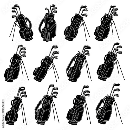 Seamless pattern of black golf bags with clubs