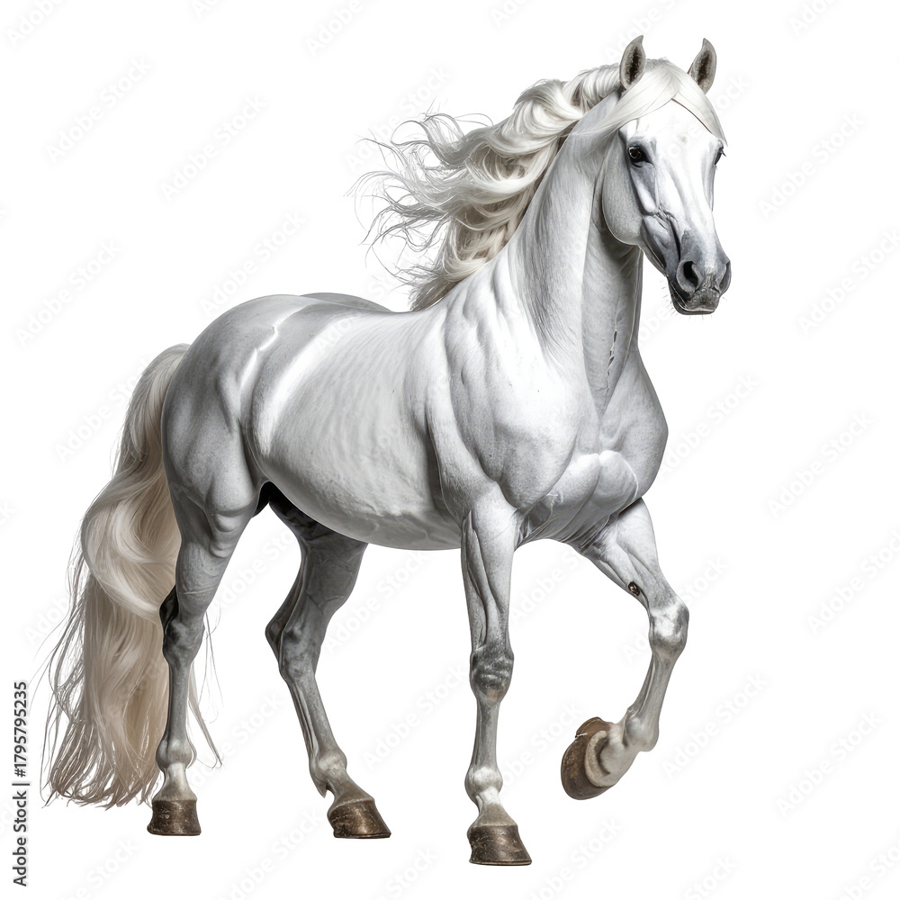Obraz premium White horse trots with flowing mane and tail