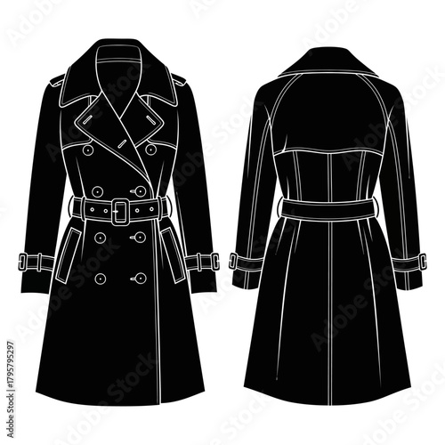 Front and back view of a classic black doublebreasted trench coat with a belted waist and epaulets, isolated on a