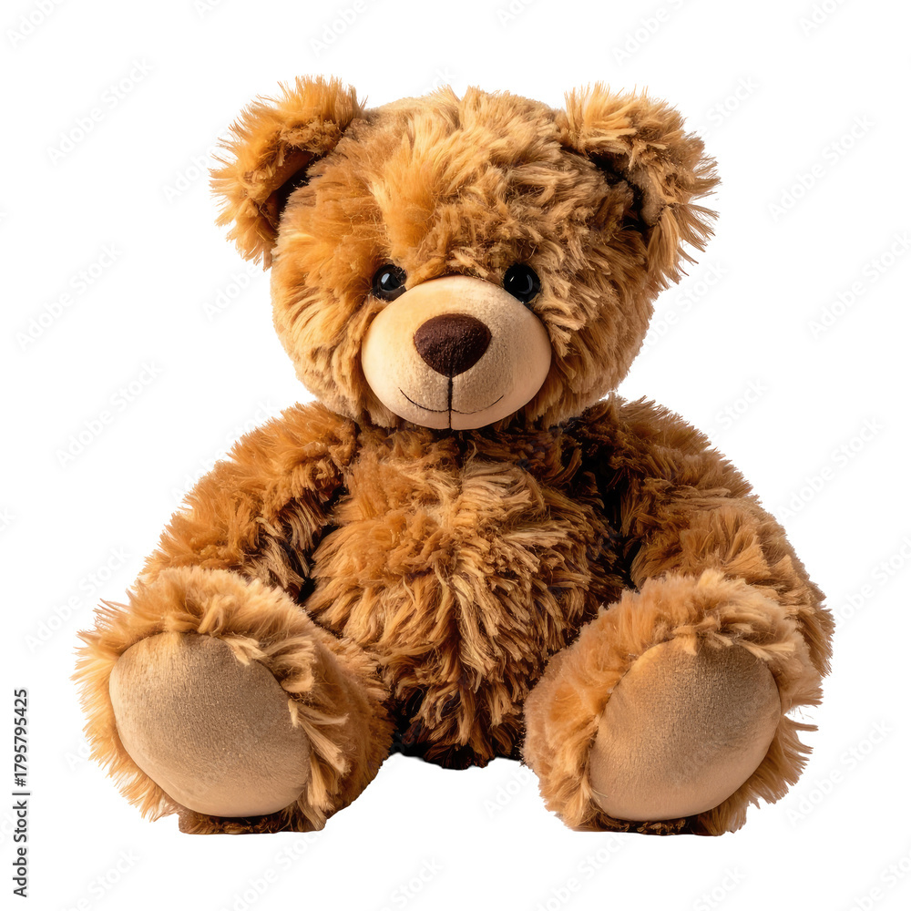 Fototapeta premium Fluffy, brown, seated teddy bear with soft fur & bright eyes