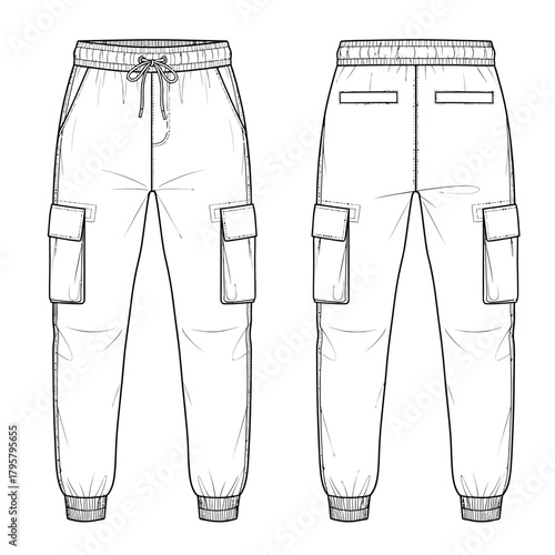 Front and back view of a fashion flat sketch of cargo pants