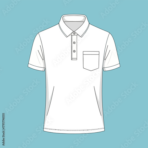 Front view of a fashion flat sketch of a white shortsleeve polo shirt with a pocket, isolated on a blue background