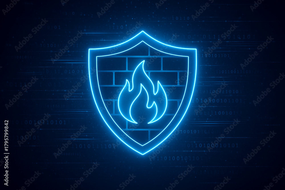 Fototapeta premium Business-themed cybersecurity background with a glowing neon firewall icon on a dark blue backdrop. Modern high-tech design perfect for IT security, data protection, and corporate technology visuals. 