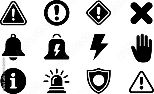 Collection of Essential Notification and Warning Black and White Vector Icons