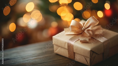Christmas gift wrapped in brown paper with a golden bow on table  