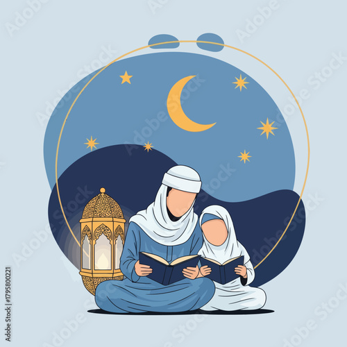 Celebrate Ramadan with this serene scene of a mother and daughter reading together under the stars, illuminated by a lantern's warm glow and the crescent moon