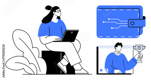 Woman working on a laptop, digital wallet showcasing circuit connections, and a man presenting an award virtually. Ideal for technology, finance, digital events, remote work, blockchain, e-commerce