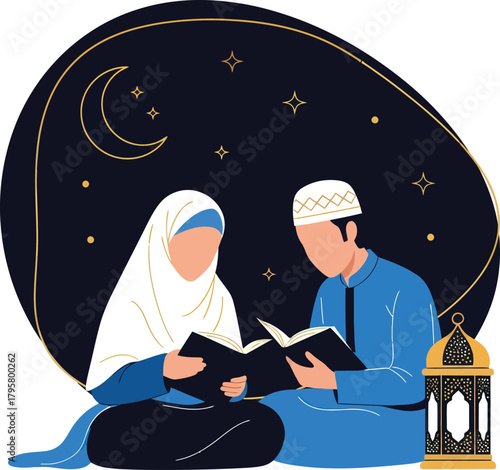 Couple reading Quran together under the night sky, a celebration of faith, family, and tradition during Ramadan in a peaceful and spiritual moment