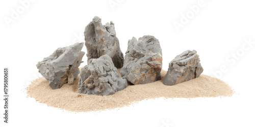 Group of dragon stones on sand isolated on transparent background, perfect for aquascaping