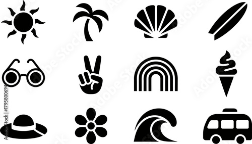 Summer Beach Vacation Black Icons Set Trendy Style Vector Graphics