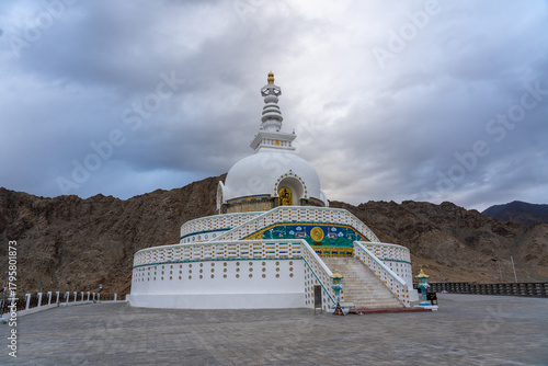Leh, India - September 11, 2024: Famous Shanti Stupa located on a hilltop overlooking Leh