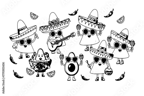 Groovy mexican nachos chips characters at Mexico fiesta party, vector corn tortilla food. Cartoon groovy hippie nacho chips with sombrero hats, guitar, avocado guacamole, maracas and sunglasses