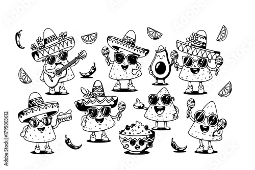 Groovy mexican nachos chips characters at Mexico fiesta party, vector corn tortilla food. Cartoon groovy hippie nacho chips with sombrero hats, guitar, avocado guacamole, maracas and sunglasses