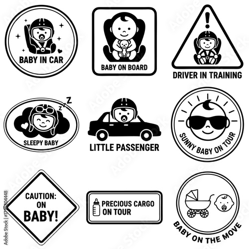 Baby in Car Sticker Bundle - Black and White Vector Set