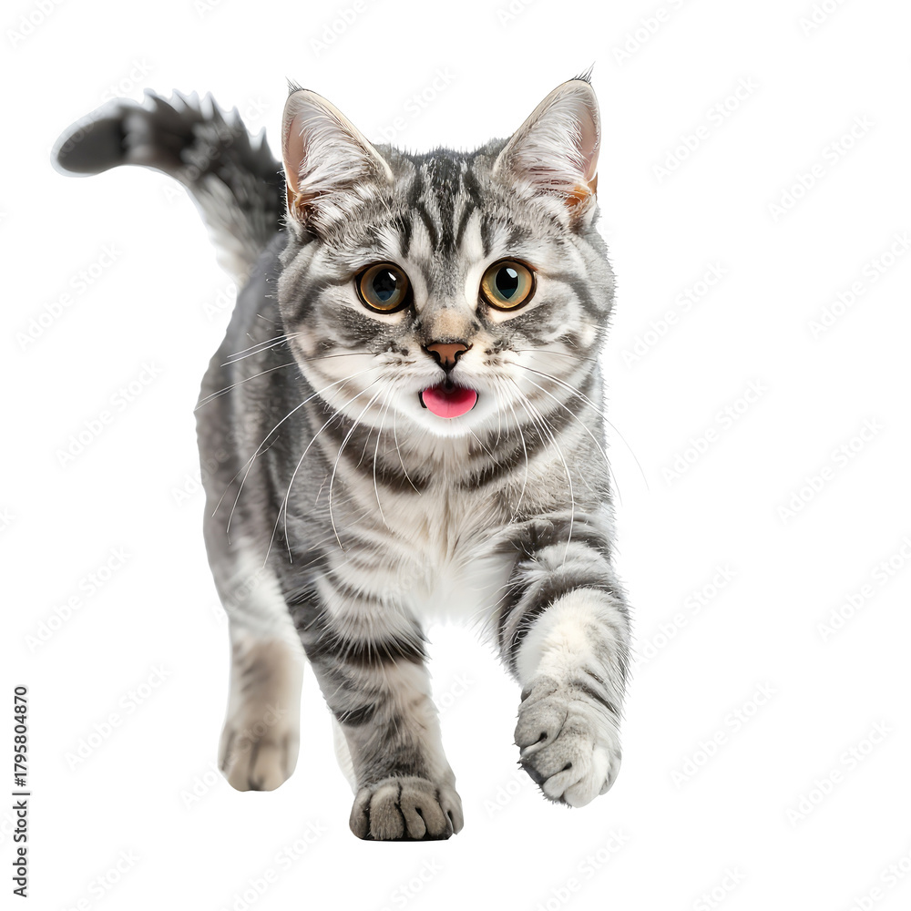Obraz premium Striped tabby cat with expressive face and pink tongue sticking out