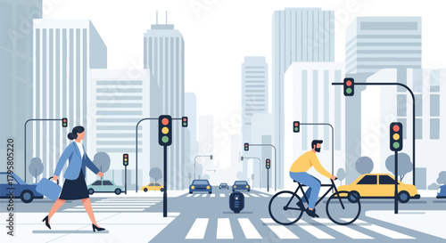Flat vector illustration of people walking and biking through busy downtown streets surrounded by tall buildings. Solid tones, clean minimal design, no gradients, modern city life