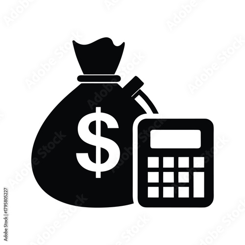 Money Bag with Calculator silhouette vector icon, flat design