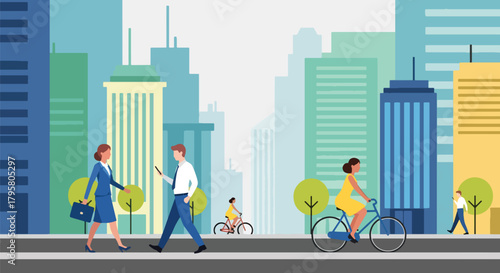 Flat vector illustration of people walking and biking through busy downtown streets surrounded by tall buildings. Solid tones, clean minimal design, no gradients, modern city life