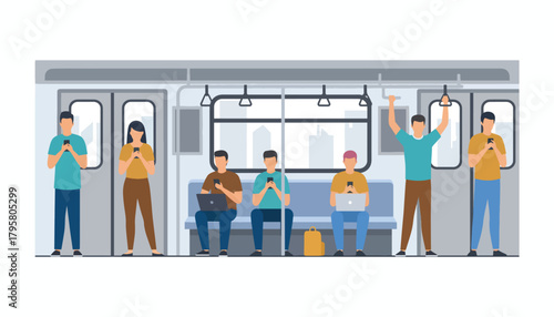 Flat vector illustration of commuters using smartphones inside subway train. Solid bright tones, clean modern composition, no gradients, digital lifestyle concept, social culture