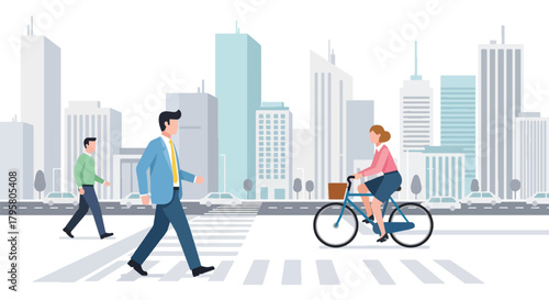 Flat vector illustration of people walking and biking through busy downtown streets surrounded by tall buildings. Solid tones, clean minimal design, no gradients, modern city life
