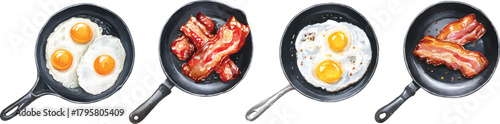 Fried eggs and crispy bacon in skillet frying pans, breakfast meal watercolor set isolated on transparent background
