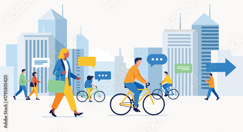 Flat vector illustration of people walking and biking through busy downtown streets surrounded by tall buildings. Solid tones, clean minimal design, no gradients, modern city life
