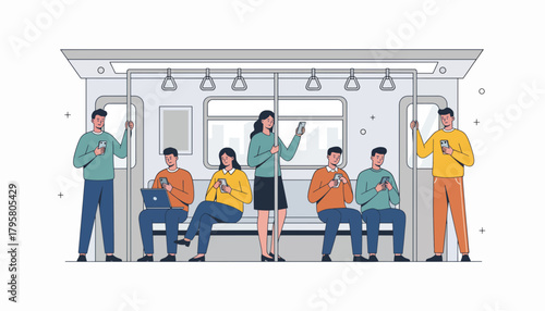 Flat vector illustration of commuters using smartphones inside subway train. Solid bright tones, clean modern composition, no gradients, digital lifestyle concept, social culture
