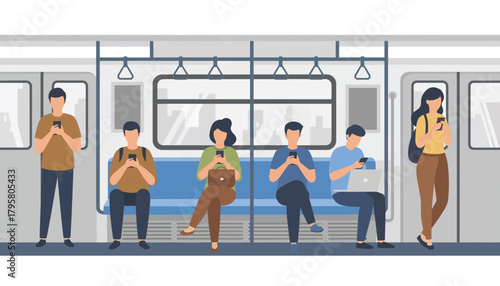 Flat vector illustration of commuters using smartphones inside subway train. Solid bright tones, clean modern composition, no gradients, digital lifestyle concept, social culture
