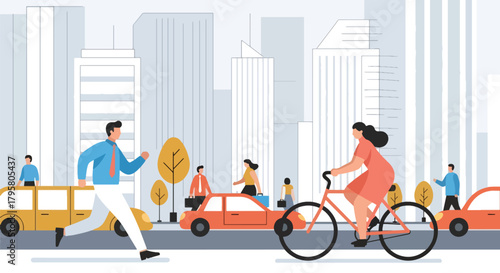 Flat vector illustration of people walking and biking through busy downtown streets surrounded by tall buildings. Solid tones, clean minimal design, no gradients, modern city life